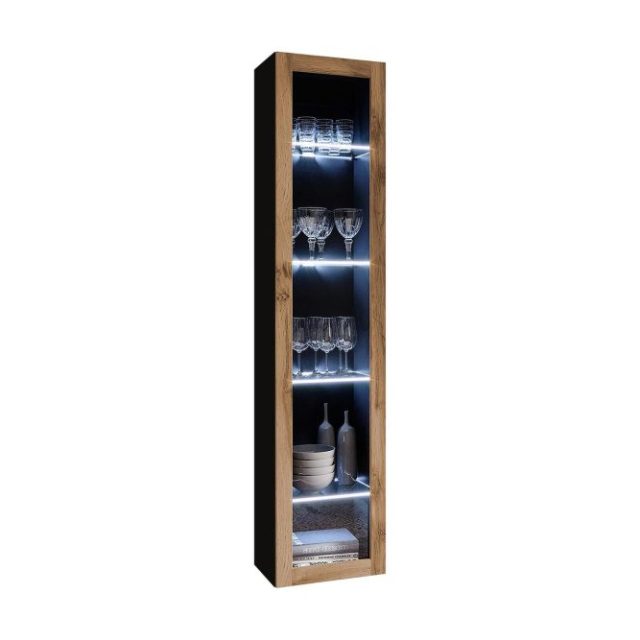 Veria Smalt Vitrinskåp Blå LED Belysning 30 cm djup 40 cm bred 180 cm hög Mörkt Trä Glas