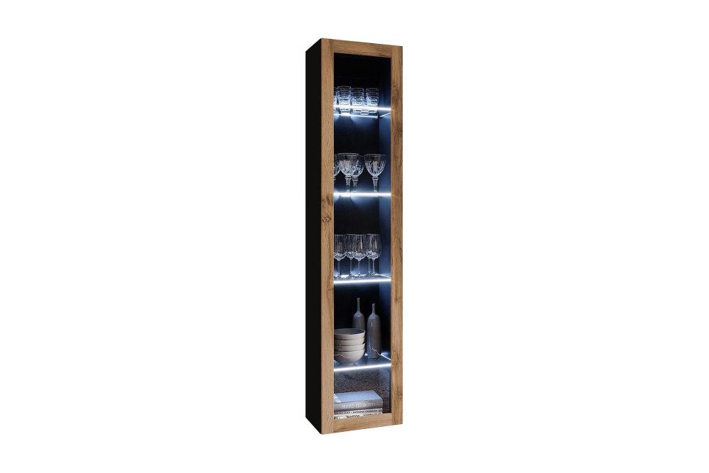 Veria Smalt Vitrinskåp Blå LED Belysning 30 cm djup 40 cm bred 180 cm hög Mörkt Trä Glas