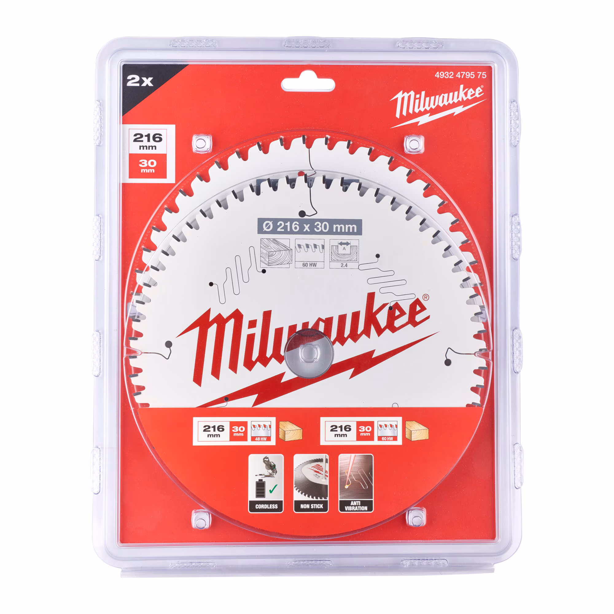Kjøp Milwaukee Sirkelsagblad for tre, 216x48T/60T, 2-pakning
