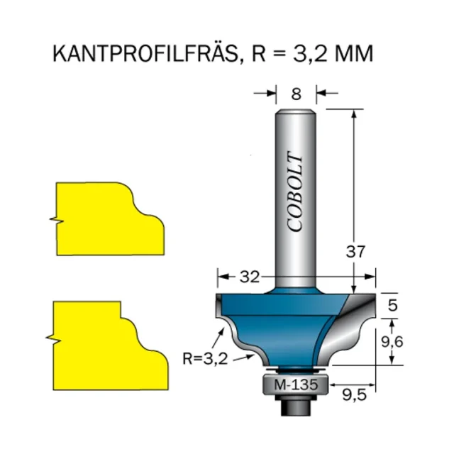 Cobolt Kantprofilfräs R=3.2 L=14.6 F=9.5 D=32 S=8