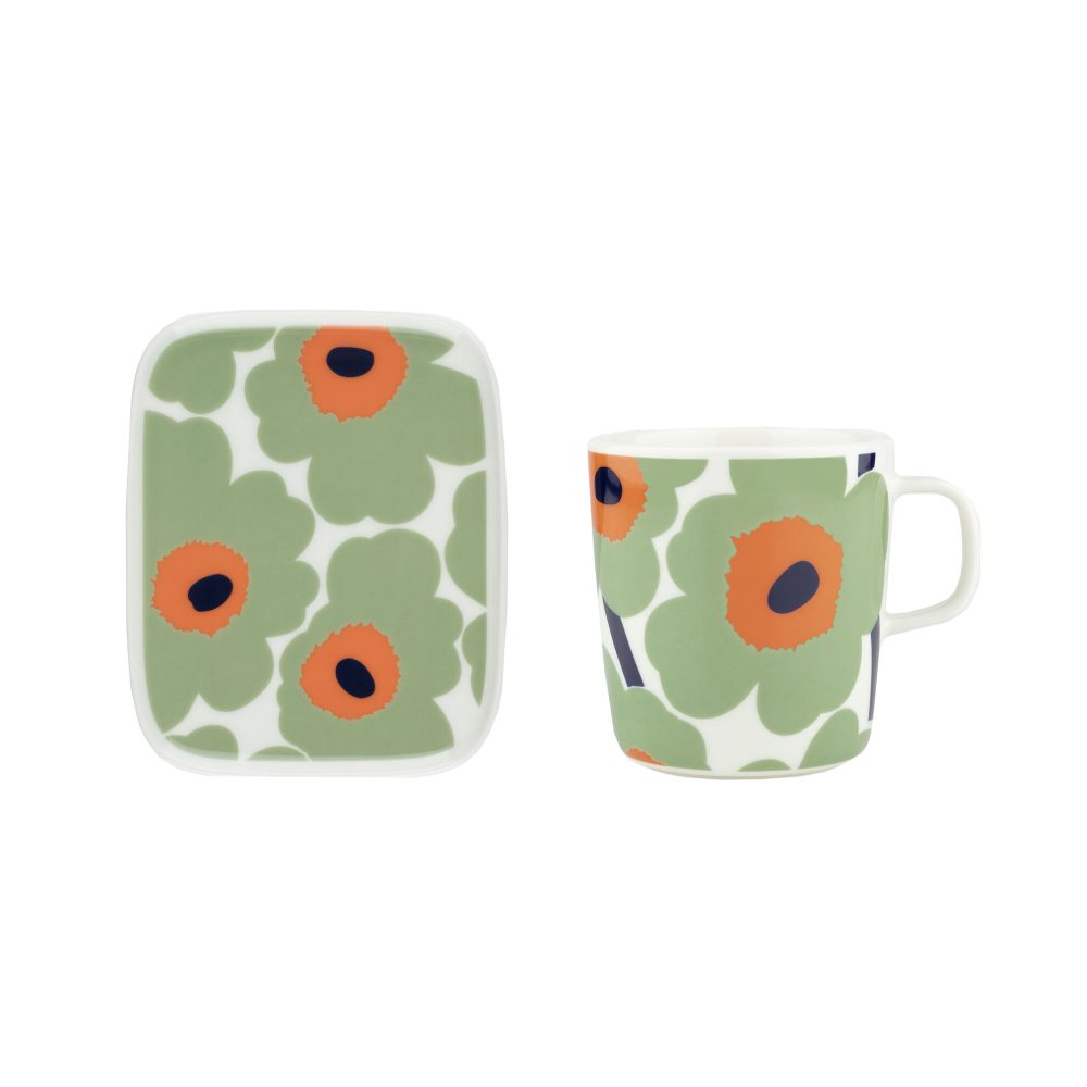 Unikko mugg 40 cl + tallrik 12x15 cm, White-sage-orange-dark blue