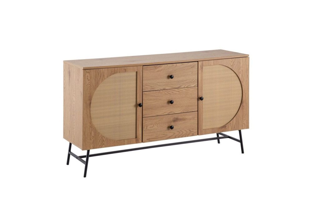 Sideboard Wohnling Folierad spånskiva ekoptik halvcirkel rottingväv look 2 dörrar 3 lådor modern