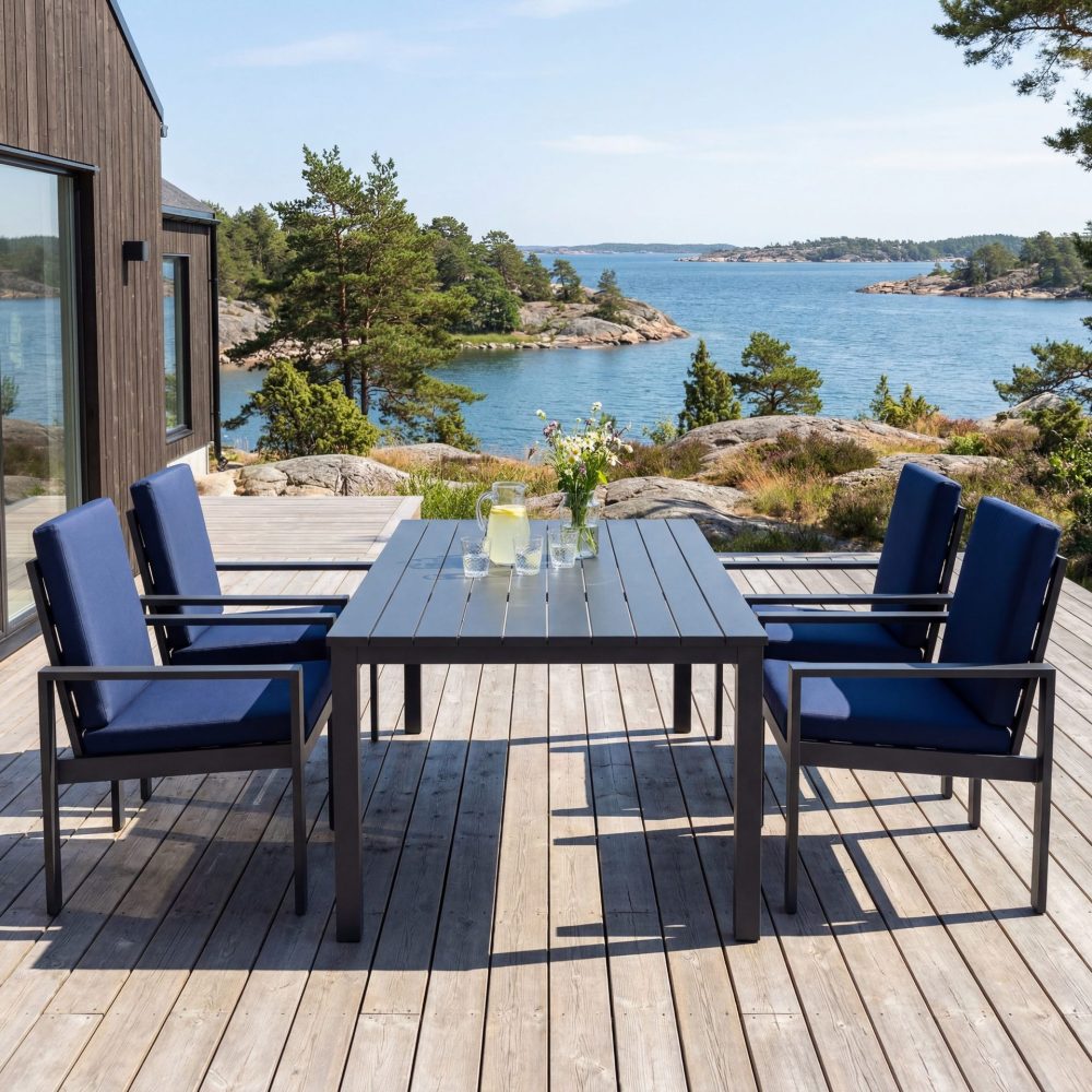 Matgrupp i aluminium | Svart | Bord & 4 stolar | Hamnviken