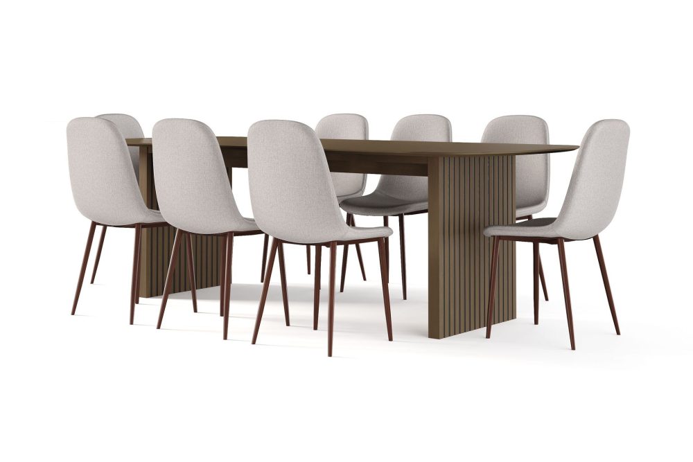 Richeto Matbord Rökt Ek 240 cm valnöt + 8 st Nibe stol beige med valnöt ben
