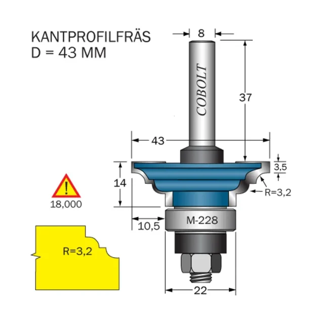 Cobolt Kantprofilfräs R=3.2 D=43 L=14 F=10.5 S=8