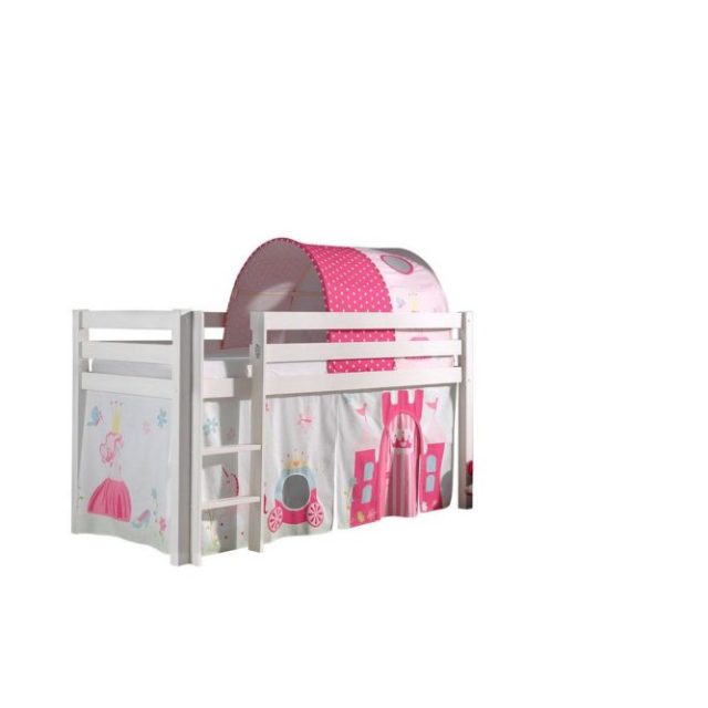 Halvhöjdssäng med gardin Pino Princess Vit, Vit, Utan rutschkana, Prinsessa, Inga fickor