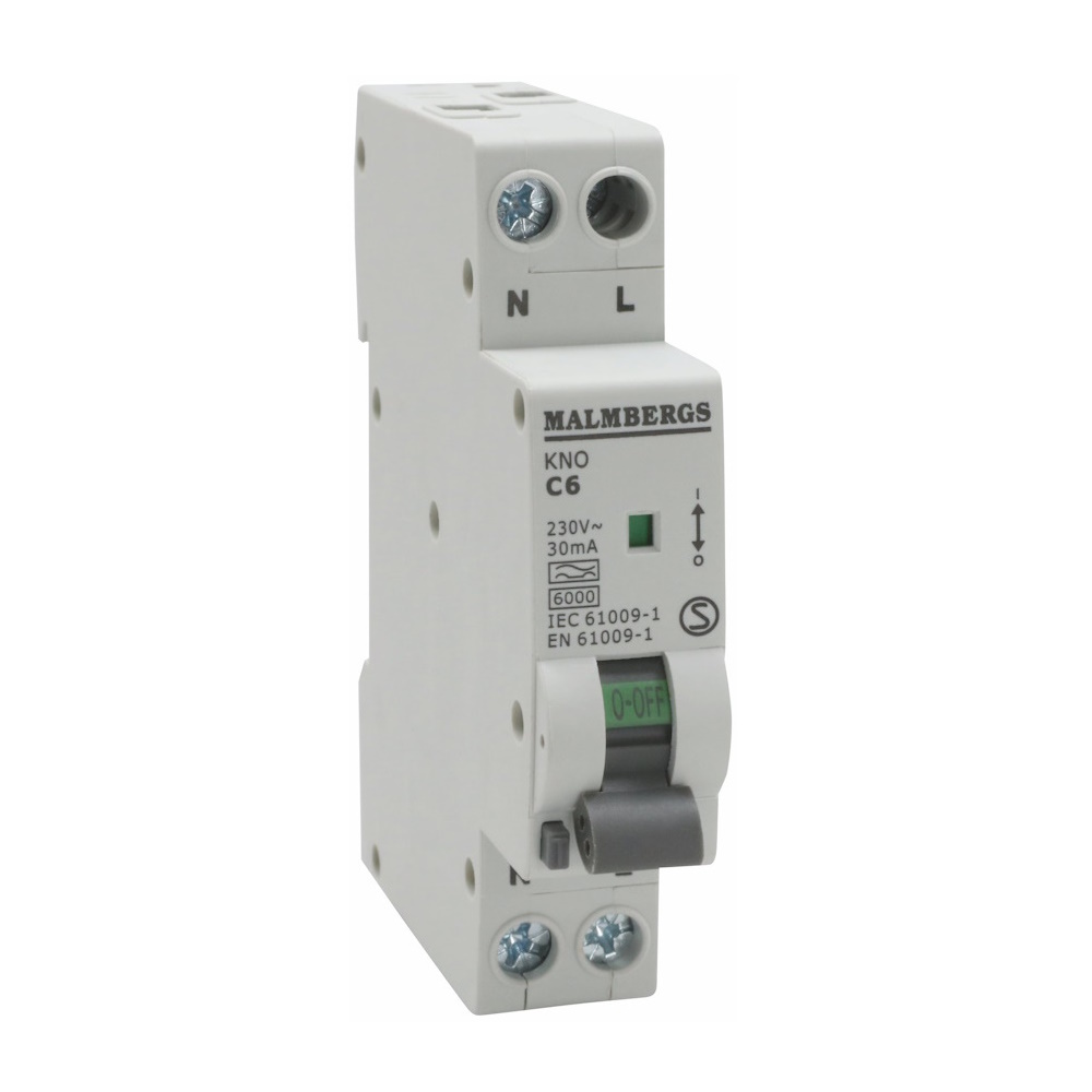 Personskyddsbrytare, A-Typ, 1P+N, 1 Moduler, C6A, 30mA, Malmbergs 2160550