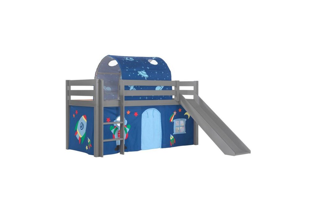 Halvhöjdssäng med gardin Pino Astro Grå, Grå, Med rutschkana, Med tunnel, Inga fickor