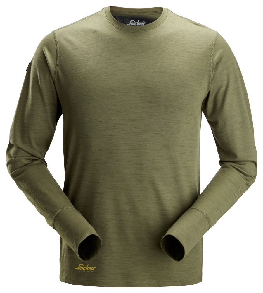 T-SHIRT SNICKERS WORKWEAR LÅNGÄRMAD ULL, KHAKIGRÖN STL XXXL