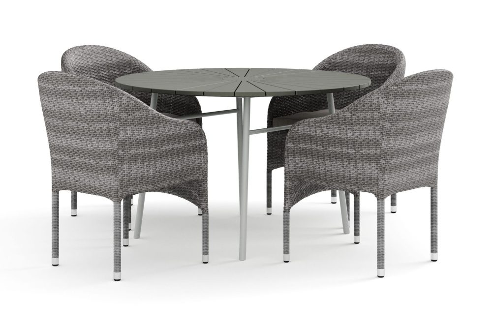 Tunis utomhus rund matgrupp 120 cm med 4 Thor fåtöljer