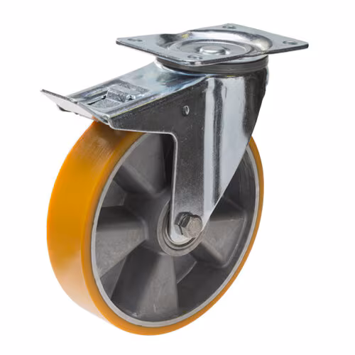 Kjøp Swede-Wheel Industrihjul 200 mm med plate 135x110 mm, aluminiumsnav, PUR-bane, totalbrems